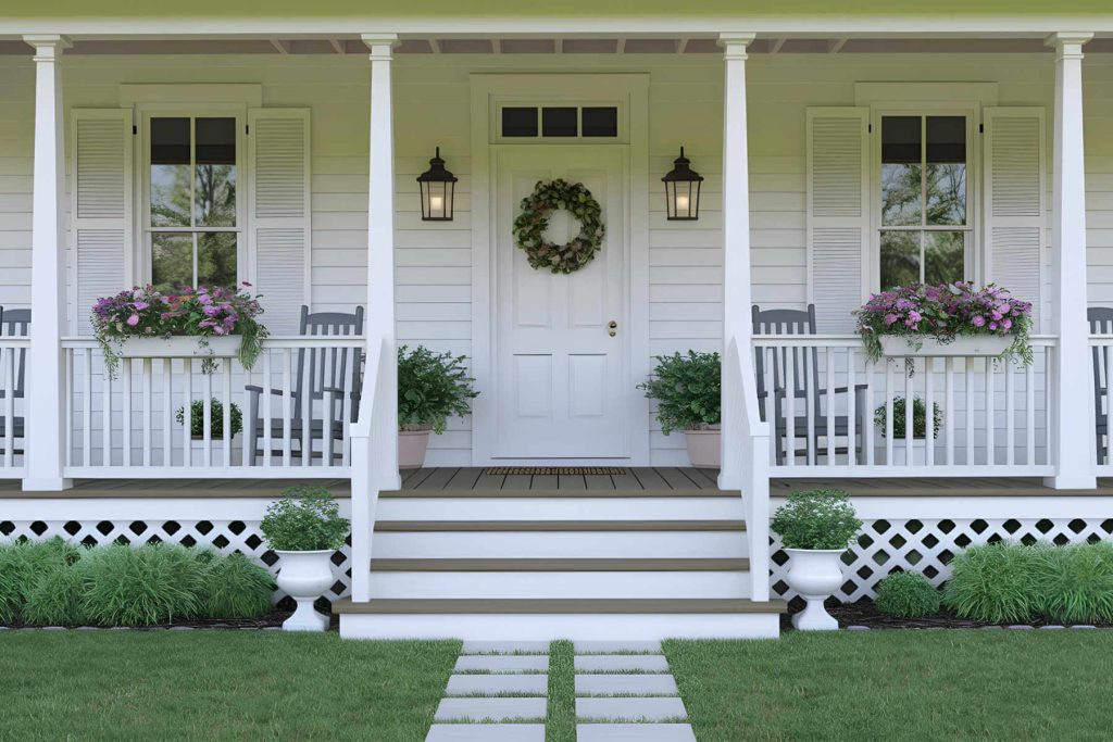 A white house with a large porch decorated after a brand new paint job.